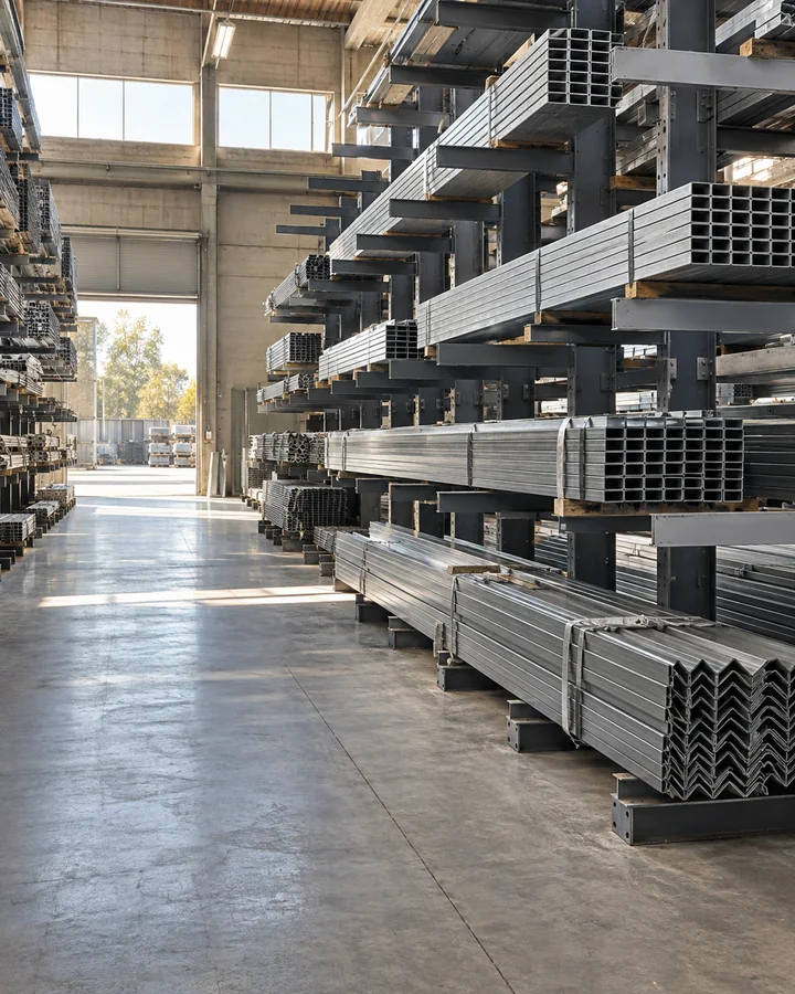Steel building materials stocked in a warehouse